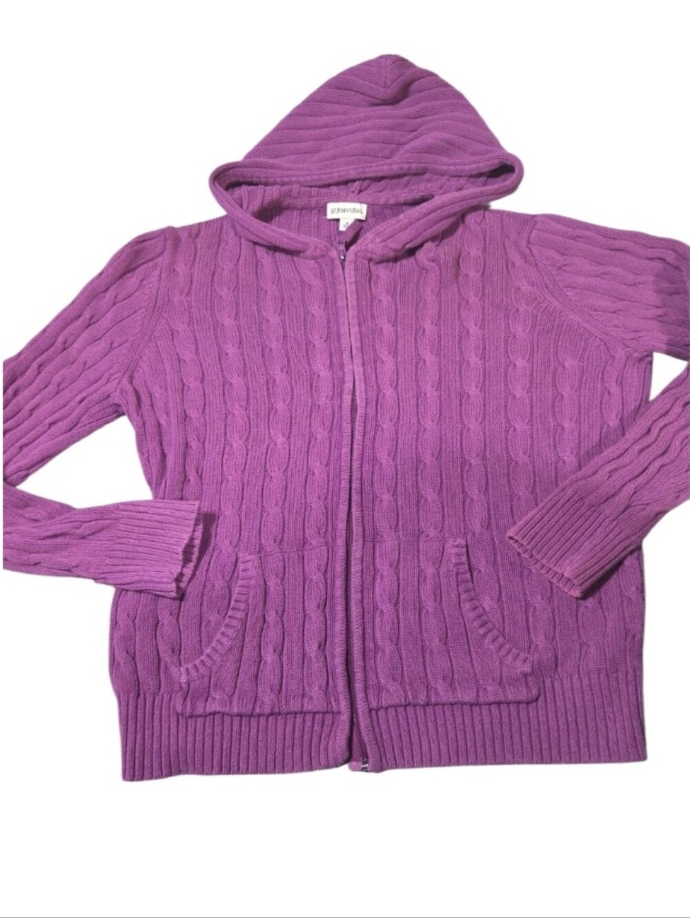 Vtg Xl St Johns Bay Cable-Knit Hooded Zip Sweater - Purple
